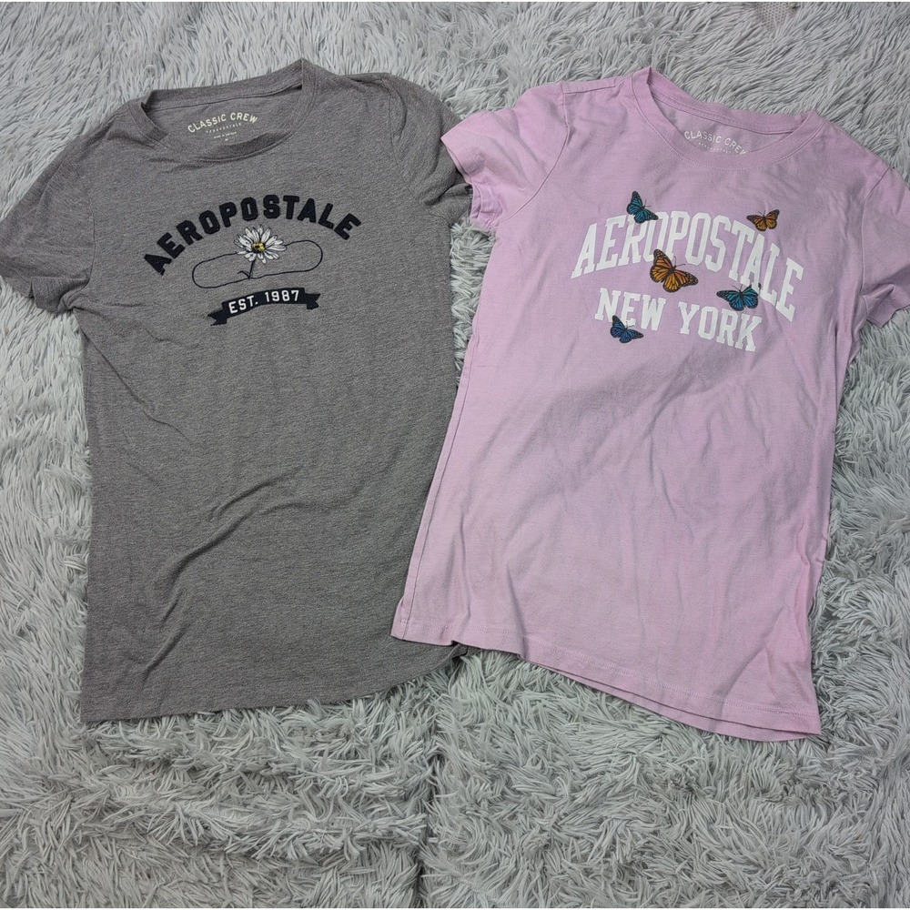 Aeropostale Shirt Womens M Classic Crew Tee Stretch New York Butterfly Lot Of 2